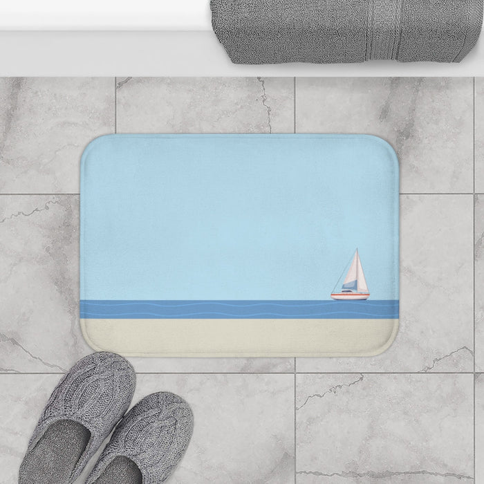 Ocean Adventure Sailboat Bath Mat: light blue, blue sailboat ocean scene, minimal nautical illustration style