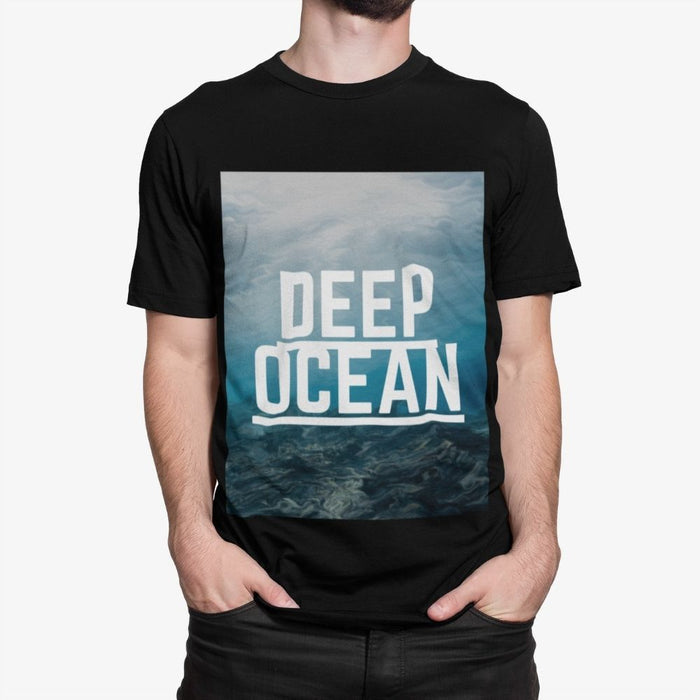 Ocean Logo Tee for Men: black, blue ocean theme, minimal graphic style