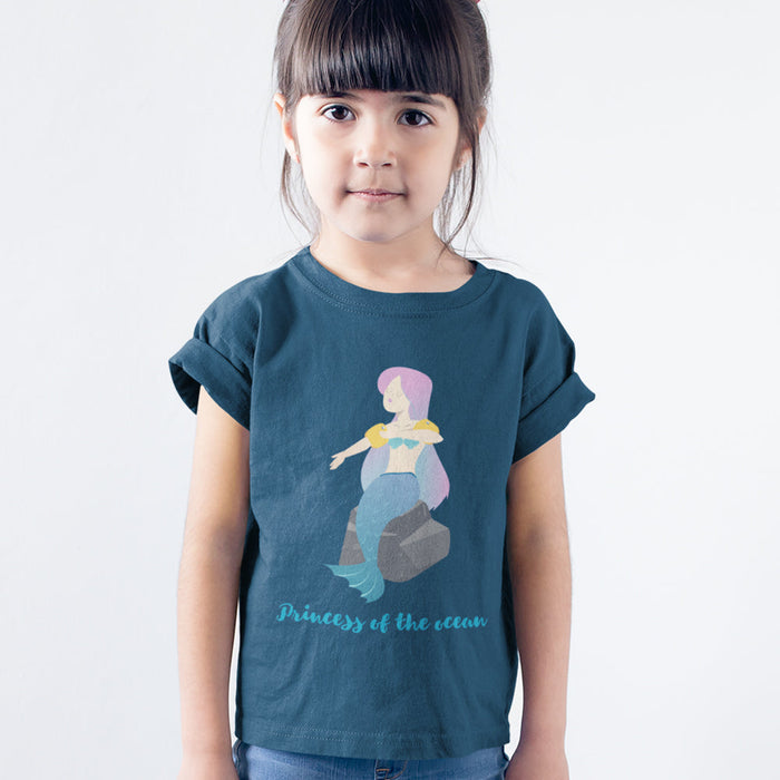 Ocean Princess T-Shirt for Girls: dark teal, pink mermaid/princess character, cartoon style