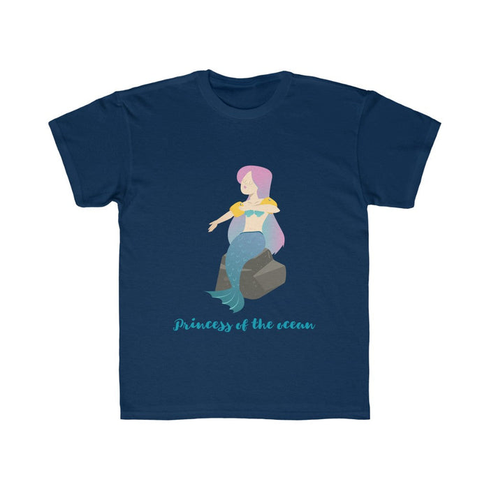 Ocean Princess T-Shirt for Girls: dark teal, pink mermaid/princess character, cartoon style