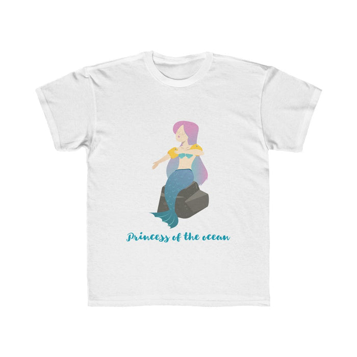 Ocean Princess T-Shirt for Girls: dark teal, pink mermaid/princess character, cartoon style
