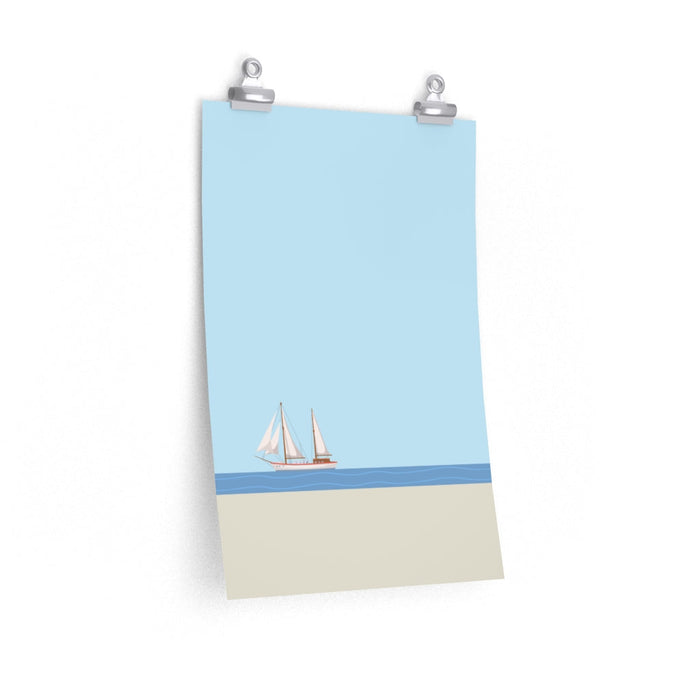Ocean Sailing Boat Art Print: light blue, white sailboat, minimal nautical illustration style
