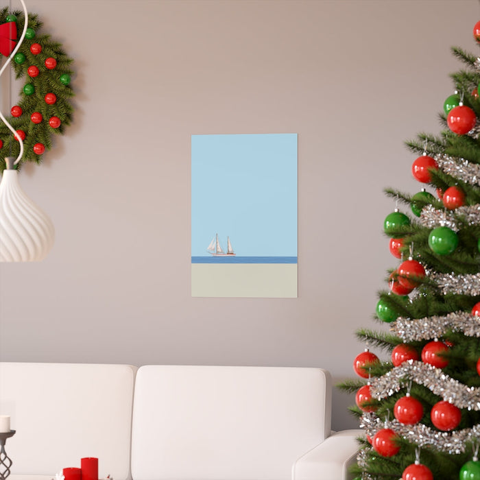 Ocean Sailing Boat Art Print: light blue, white sailboat, minimal nautical illustration style