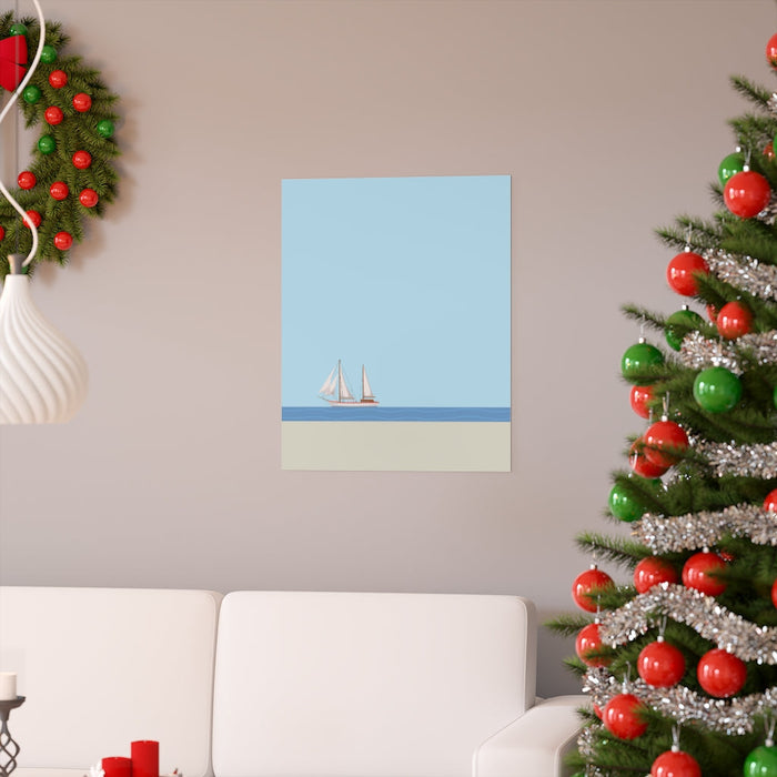 Ocean Sailing Boat Art Print: light blue, white sailboat, minimal nautical illustration style