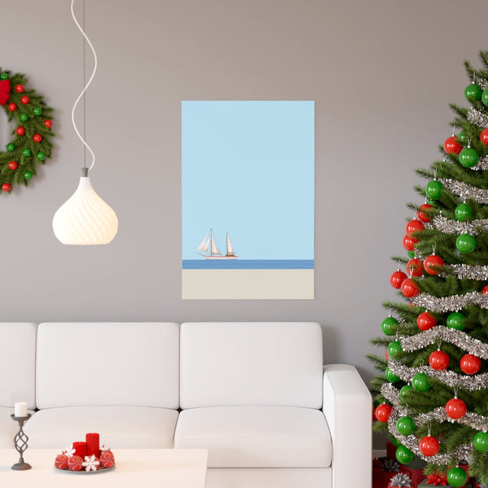 Ocean Sailing Boat Art Print: light blue, white sailboat, minimal nautical illustration style