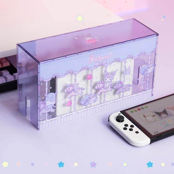 Official Licensed Cute Switch Dust Cover: transparent purple, lavender Kuromi character, kawaii cartoon style