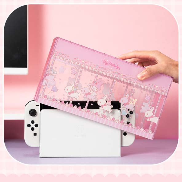 Official Licensed Cute Switch Dust Cover: transparent purple, lavender Kuromi character, kawaii cartoon style