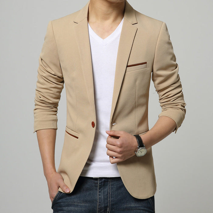 One-Button Men's Sport Coat: beige, brown trim blazer jacket, minimal casual smart style