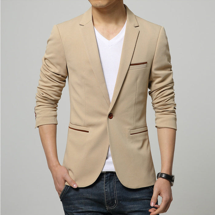 One-Button Men's Sport Coat: beige, brown trim blazer jacket, minimal casual smart style