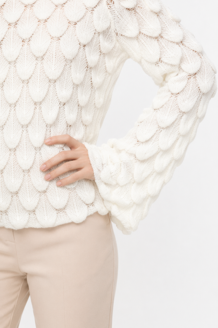 Open Knit Bell Sleeve Blouse for Women White