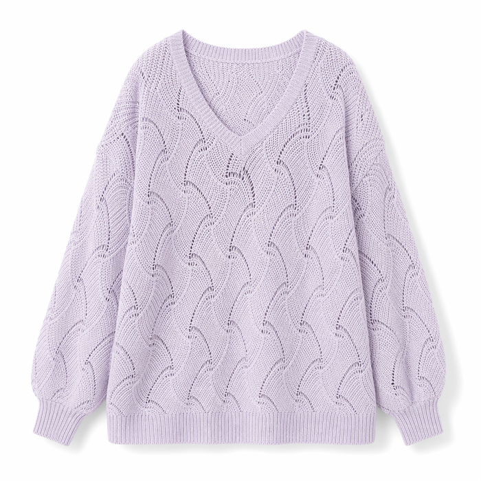 Open Knit Women's Sweater with a V-Neck Design Purple