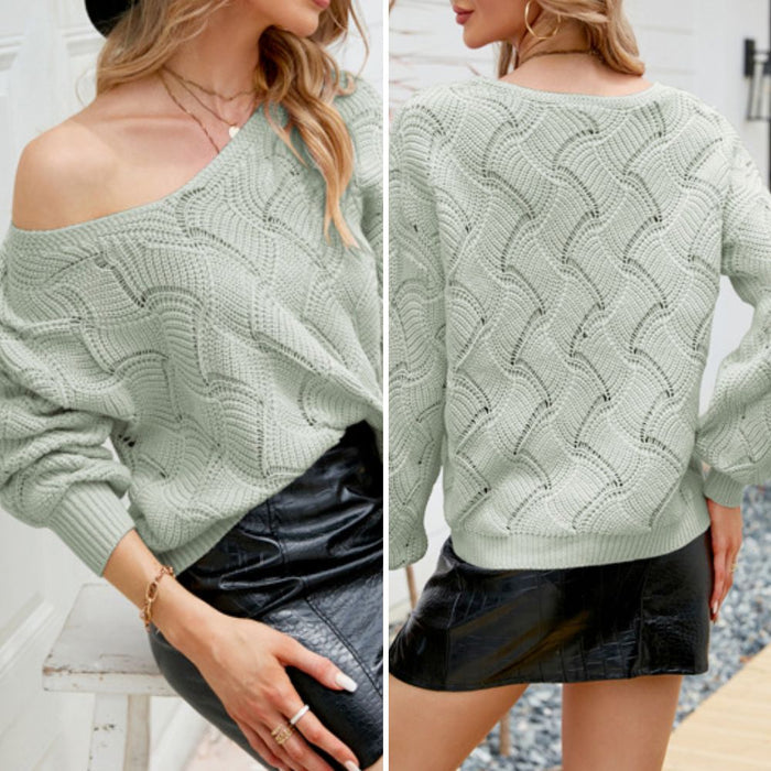 Open Knit Women's Sweater with a V-Neck Design: light sage green sweater, casual knitwear style
