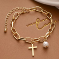 Oval Link Bracelet for Women with Cross Pendant and Imitation Pearl: gold, white charm bracelet, minimal style
