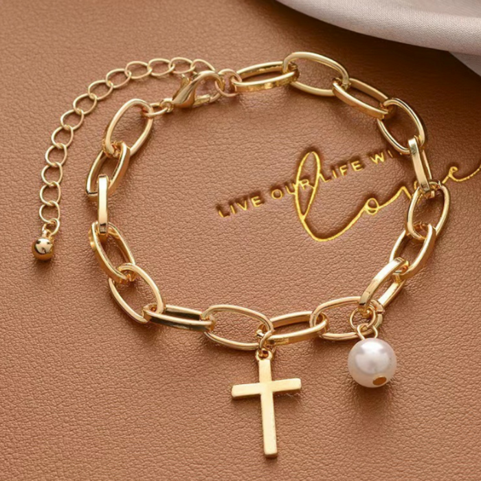 Oval Link Bracelet for Women with Cross Pendant and Imitation Pearl: gold, white charm bracelet, minimal style