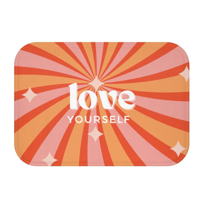 Pamper Yourself Bath Mat: coral red, orange self-love typography theme, retro graphic style