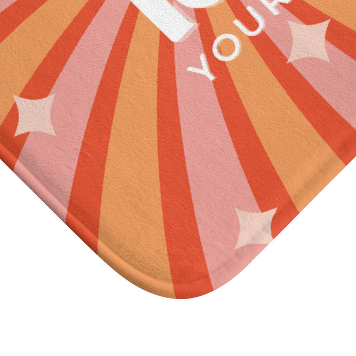 Pamper Yourself Bath Mat: coral red, orange self-love typography theme, retro graphic style