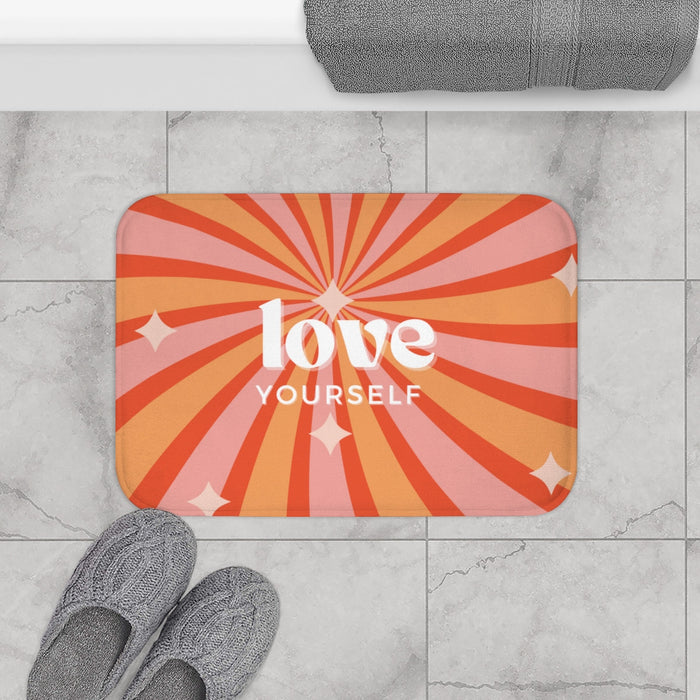 Pamper Yourself Bath Mat: coral red, orange self-love typography theme, retro graphic style