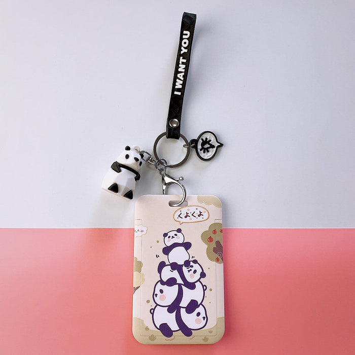 Panda Badge Holder with Wristlet and Pendant: cream, purple pandas, kawaii cartoon style