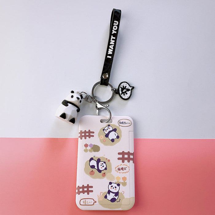 Panda Badge Holder with Wristlet and Pendant: cream, purple pandas, kawaii cartoon style