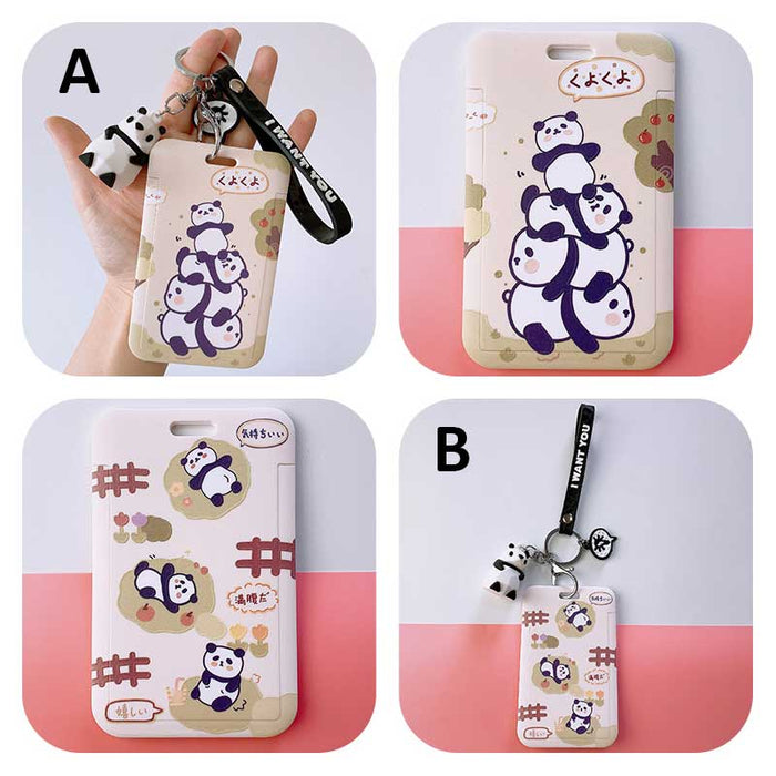 Panda Badge Holder with Wristlet and Pendant: cream, purple pandas, kawaii cartoon style