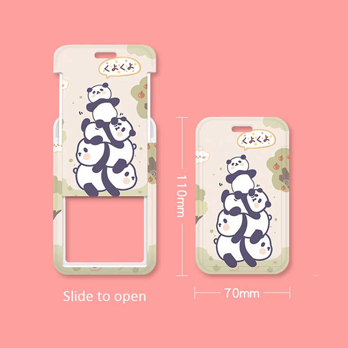Panda Badge Holder with Wristlet and Pendant: cream, purple pandas, kawaii cartoon style