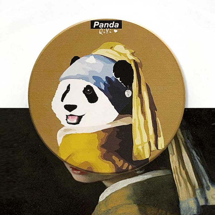 Panda Coasters: Artistic, Cute, Gift Idea: gold, black panda styled as a girl with a pearl earring, cartoon parody artwork st