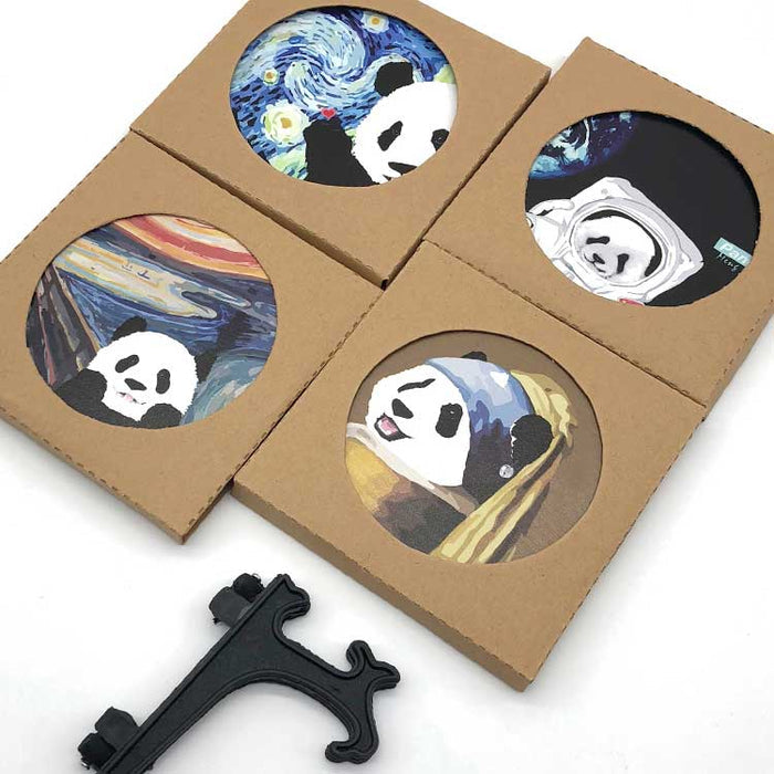 Panda Coasters: Artistic, Cute, Gift Idea: gold, black panda styled as a girl with a pearl earring, cartoon parody artwork st