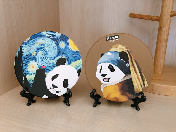Panda Coasters: Artistic, Cute, Gift Idea: gold, black panda styled as a girl with a pearl earring, cartoon parody artwork st