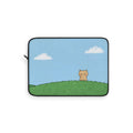 Park Cat Laptop Cover: light blue, green cartoon cat, minimal cartoon style
