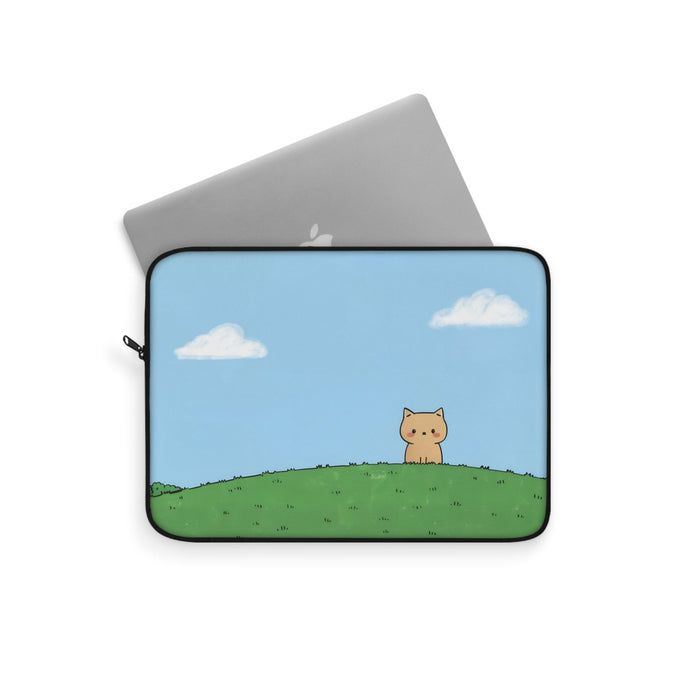 Park Cat Laptop Cover: light blue, green cartoon cat, minimal cartoon style