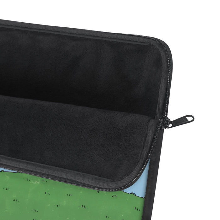 Park Cat Laptop Cover: light blue, green cartoon cat, minimal cartoon style