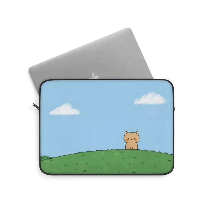Park Cat Laptop Cover: light blue, green cartoon cat, minimal cartoon style