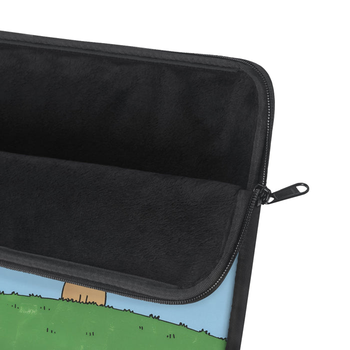 Park Cat Laptop Cover: light blue, green cartoon cat, minimal cartoon style