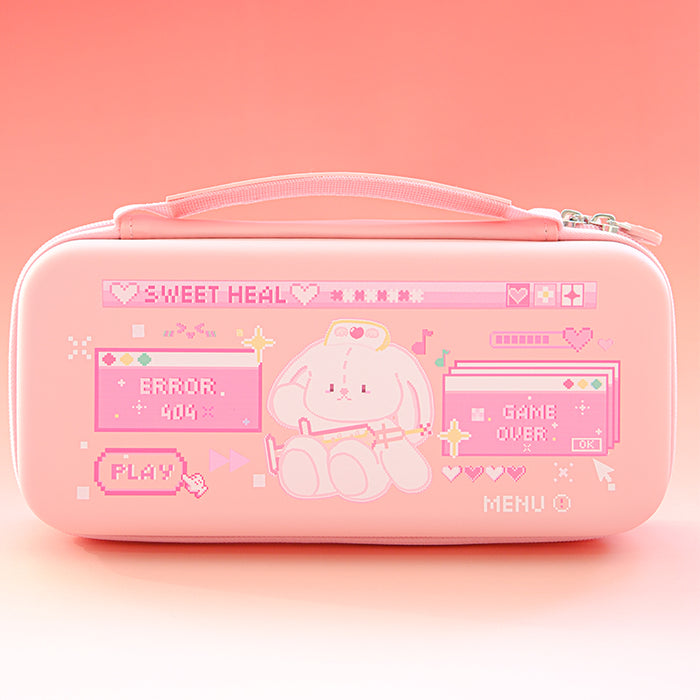 Pastel Animal Switch Carrying Case: pastel pink, white bunny character, kawaii retro pixel-art style