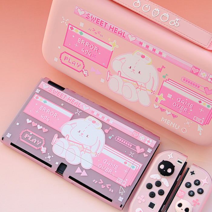Pastel Animal Switch Carrying Case: pastel pink, white bunny character, kawaii retro pixel-art style