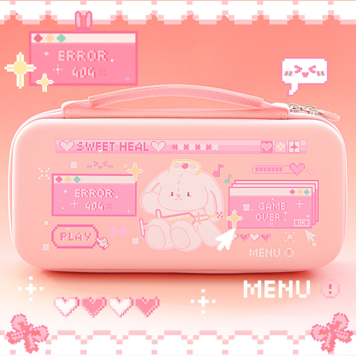 Pastel Animal Switch Carrying Case: pastel pink, white bunny character, kawaii retro pixel-art style