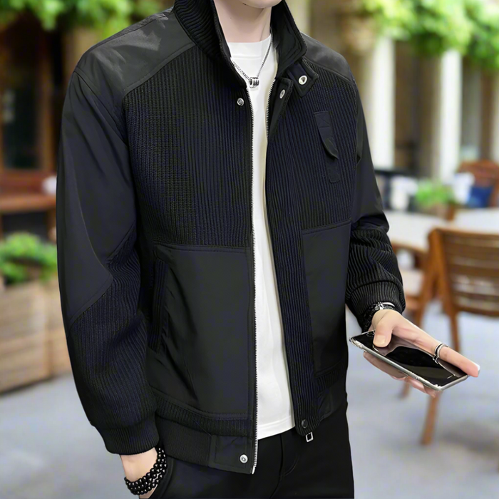 Patchwork Knit Jacket for Men: black, dark navy zip-up jacket, minimal casual style