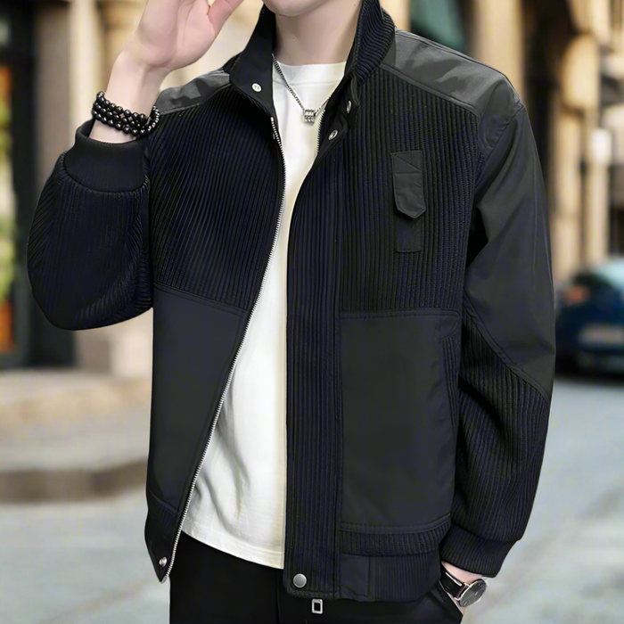 Patchwork Knit Jacket for Men: black, dark navy zip-up jacket, minimal casual style