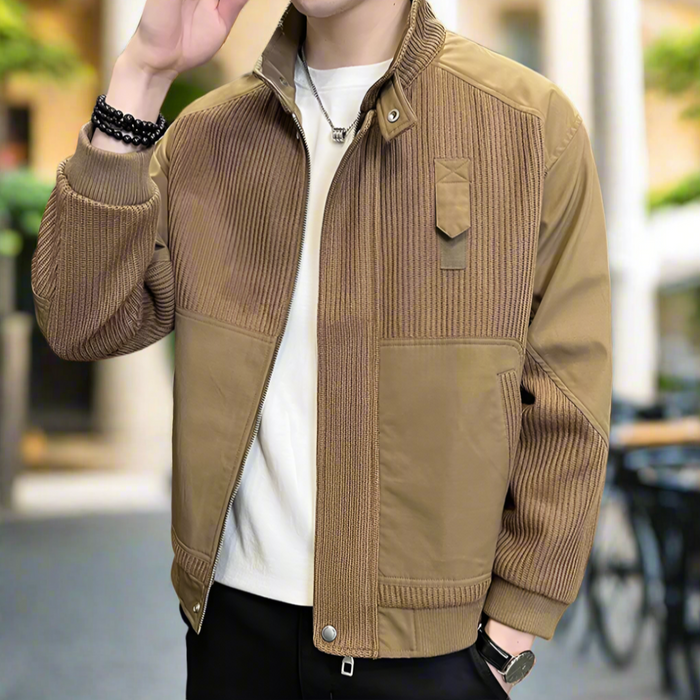 Patchwork Knit Jacket for Men: black, dark navy zip-up jacket, minimal casual style