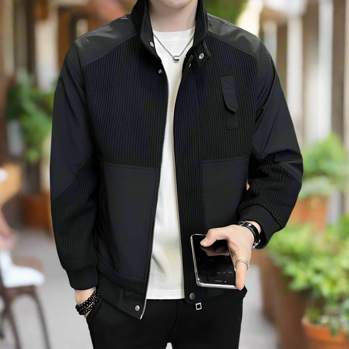 Patchwork Knit Jacket for Men: black, dark navy zip-up jacket, minimal casual style