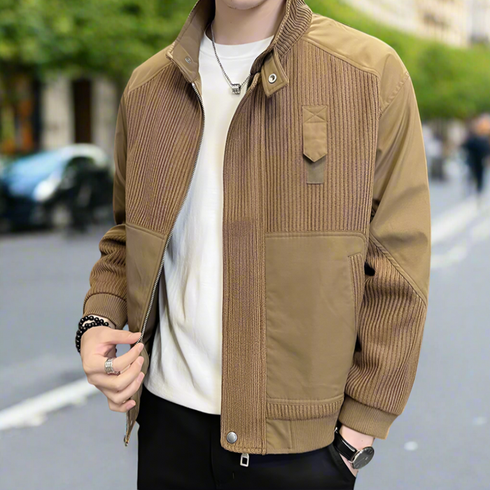 Patchwork Knit Jacket for Men: black, dark navy zip-up jacket, minimal casual style
