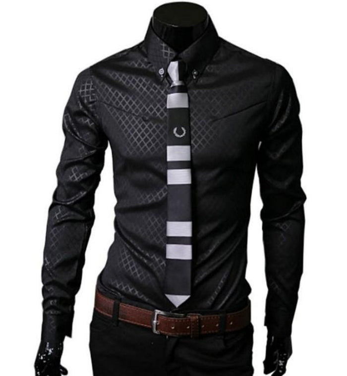 Patterned Button Front Slim Fit Men's Shirt: black, dark gray men's long-sleeve dress shirt with tie, formal modern style