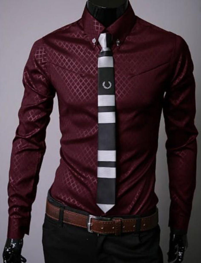 Patterned Button Front Slim Fit Men's Shirt: black, dark gray men's long-sleeve dress shirt with tie, formal modern style