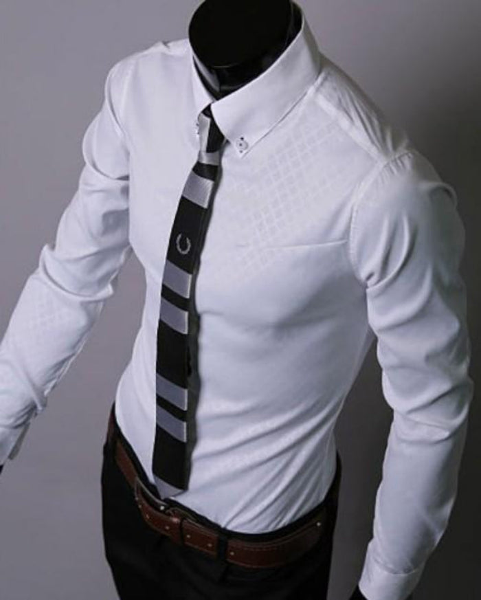 Patterned Button Front Slim Fit Men's Shirt: black, dark gray men's long-sleeve dress shirt with tie, formal modern style