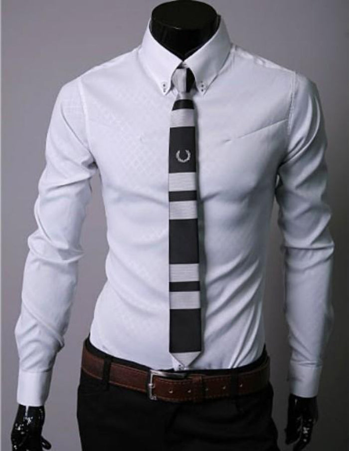 Patterned Button Front Slim Fit Men's Shirt: black, dark gray men's long-sleeve dress shirt with tie, formal modern style