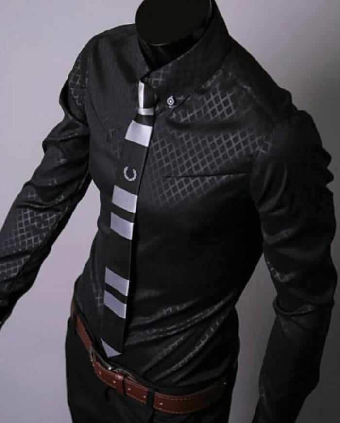 Patterned Button Front Slim Fit Men's Shirt: black, dark gray men's long-sleeve dress shirt with tie, formal modern style