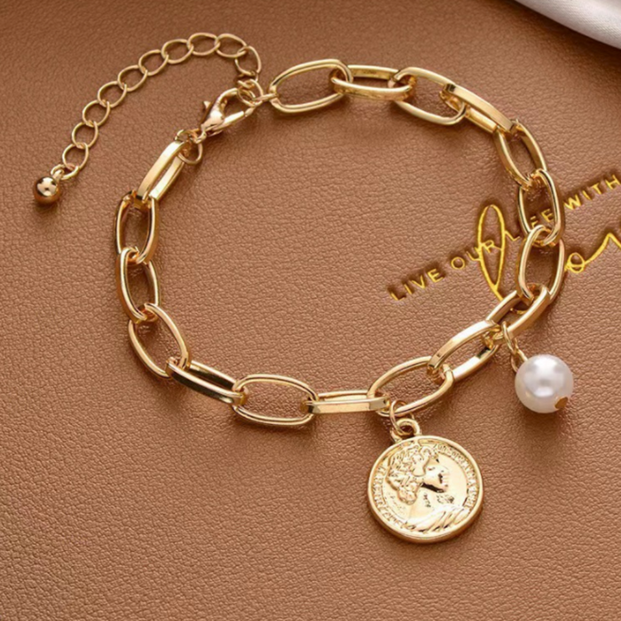 Pearl-adorned Oval Chain Bracelet with Coin Pendant for Women: gold, white bracelet, minimal style