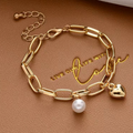 Pearl Heart Charm Oval Link Bracelet for Women: gold, white bracelet, minimal romantic style