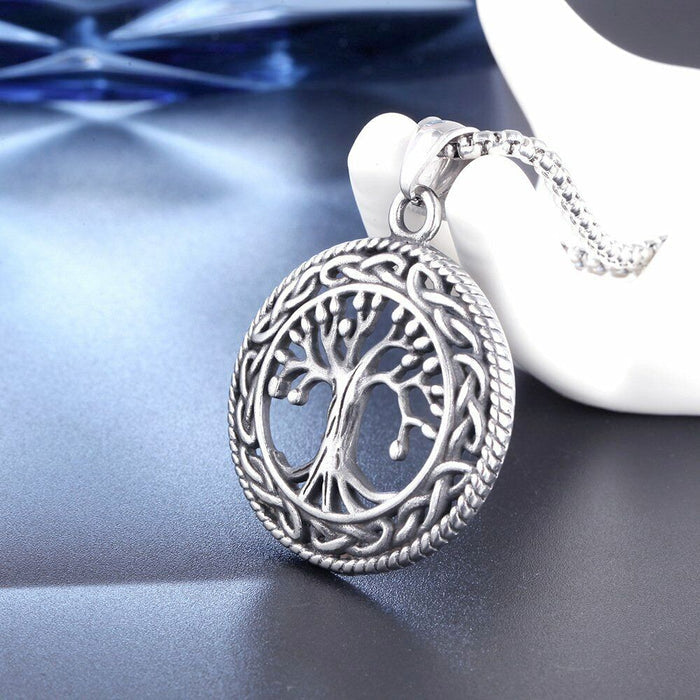 Pendant Necklace with Tree Symbolism: silver tree of life, ornate symbolic style