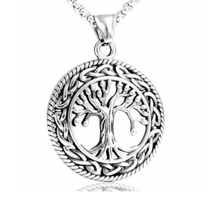 Pendant Necklace with Tree Symbolism: silver tree of life, ornate symbolic style